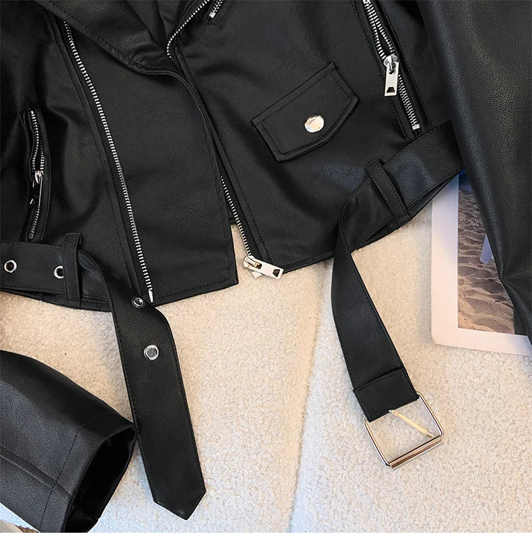 Blue PU leather jacket for women's spring autumn short Street style 2025 new retro motorcycle Leather Coat top