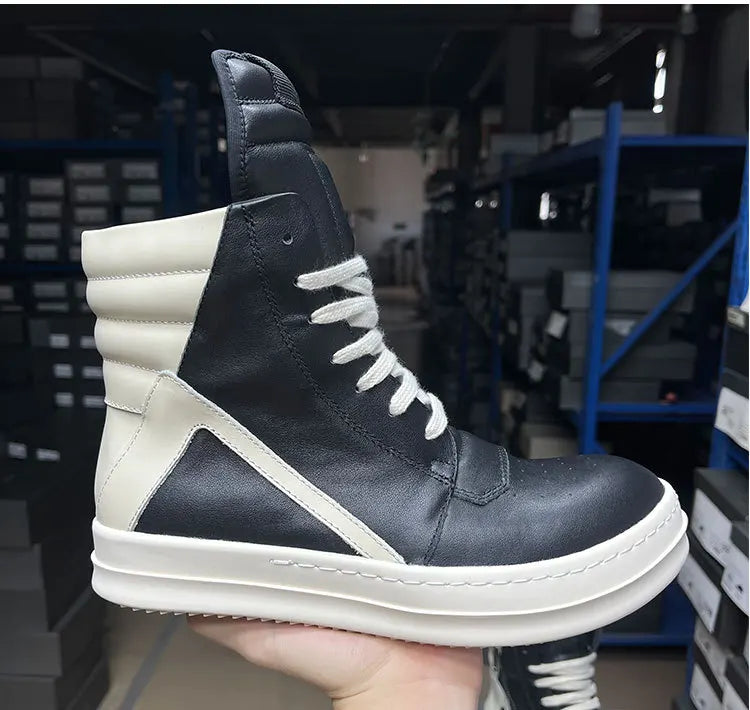 Men's Casual Shoes Genuine Leather Shoes for Women Owen Geo Black Solid Sneakers Lace-up Men's Shoes