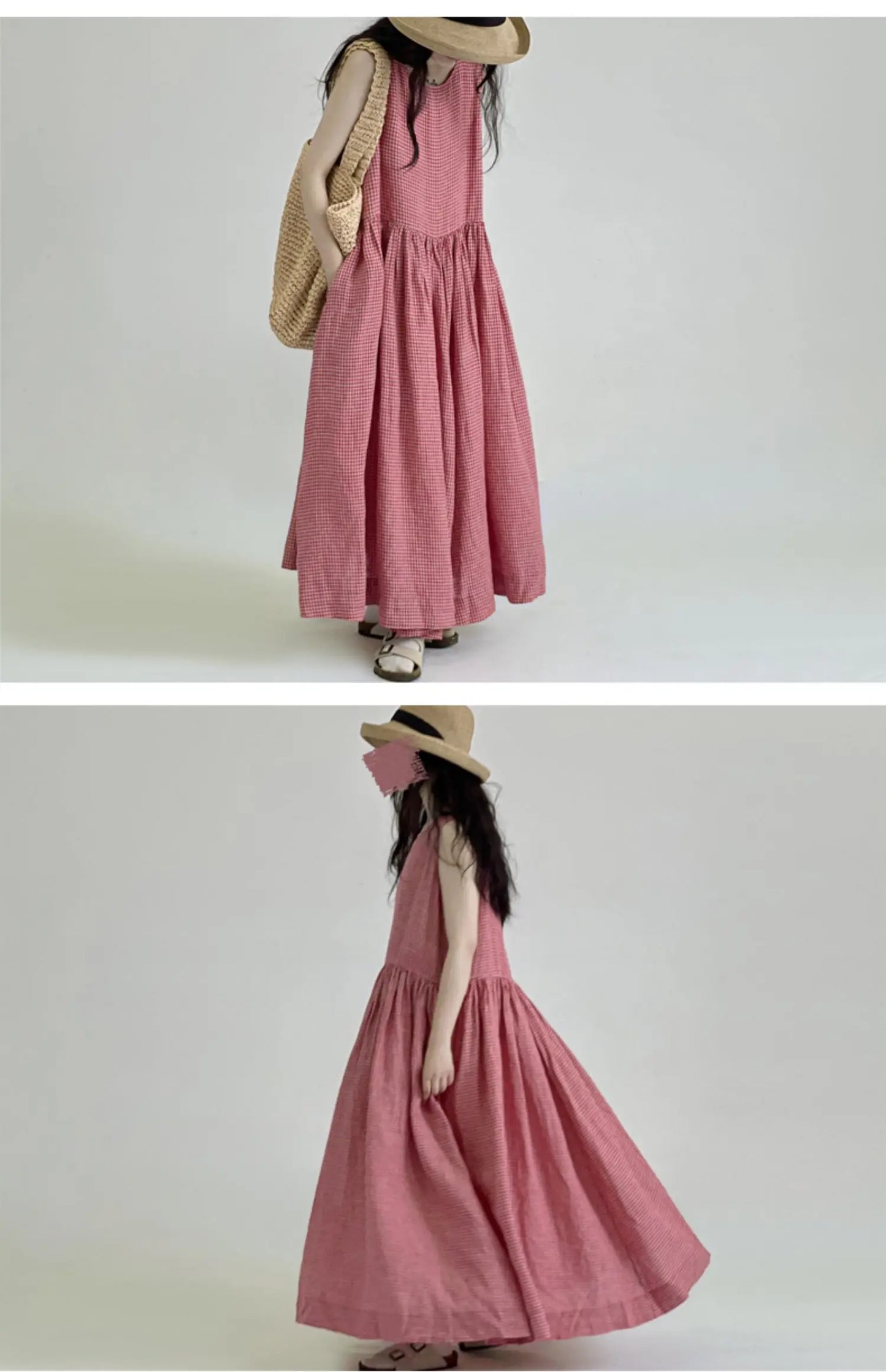 Summer New Women's Cotton Lin Loose Casual Dr High Waist A-Line Skirt Svel Vest Dr Cheered Pattern plus Size