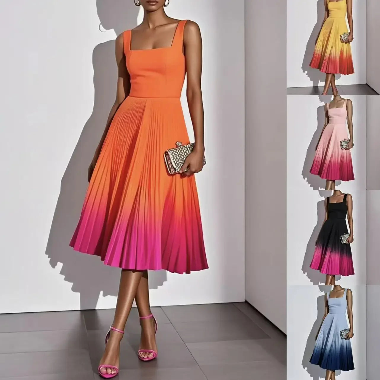 Square Neck Wide Strap Fitted Bodice Gradient Pleated Flared Midi Dress  A Line Elegant Cocktail Party Knee Length Gown