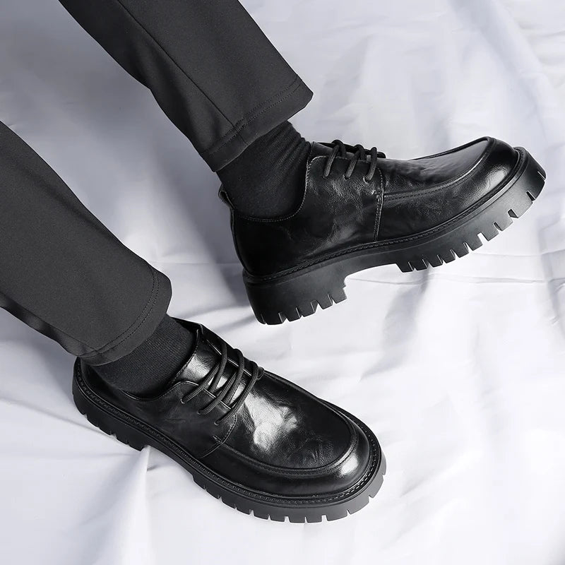 Men's Fashion Genuine Leather British Style Thick Bottom Work Shoes Classic Lace Up Comfortable Anti Slip Big Head Leather Shoes