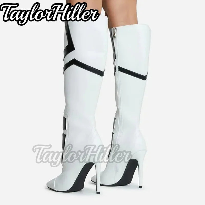 Black White Patchwork Boots Pointy Toe Stiletto High Heels Hollow Out Denim Botas Women Luxury Designer Shoes Sports Style 2026