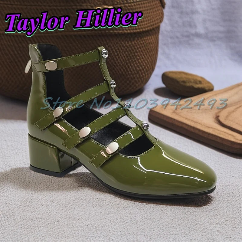 Gladiator Green Heeled Sandals Rivets Women Designer Luxury Shoes Patent Leather Solid Sandalias De Mujer Roman Strappy Palace
