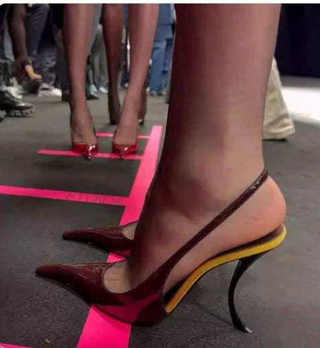 Strange Style Patent Leather Heeled Sandals Shallow Pointy Toe Black Wine Red High Heels Pull On Slip On Luxury Modern Shoes New