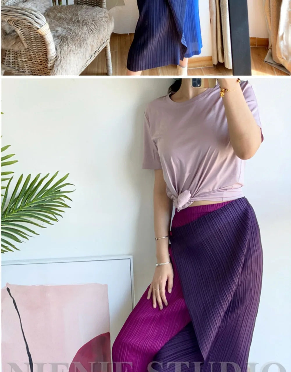 Miyake Pleated Skirt High Waist One Button Stitching Long Asymmetrical Skirt Two Piece Straight Korea Fashion Aesthetic Clothes