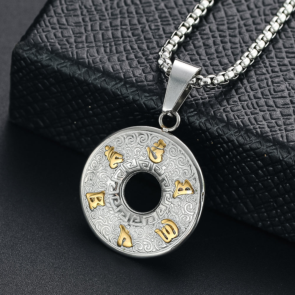 Buddhism Sanskrit Oṃ Six Syllable Mantra Lotus Flower Titanium Steel Pendant Necklace Mascot Amulet Charms Dangle Choker Jewelry