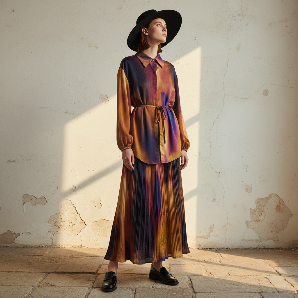Spring Women's Retro Geometric Printed Collar Hoodie Loose Long Shirt Two Piece Set+Wide Leg Pants Fashion Set
