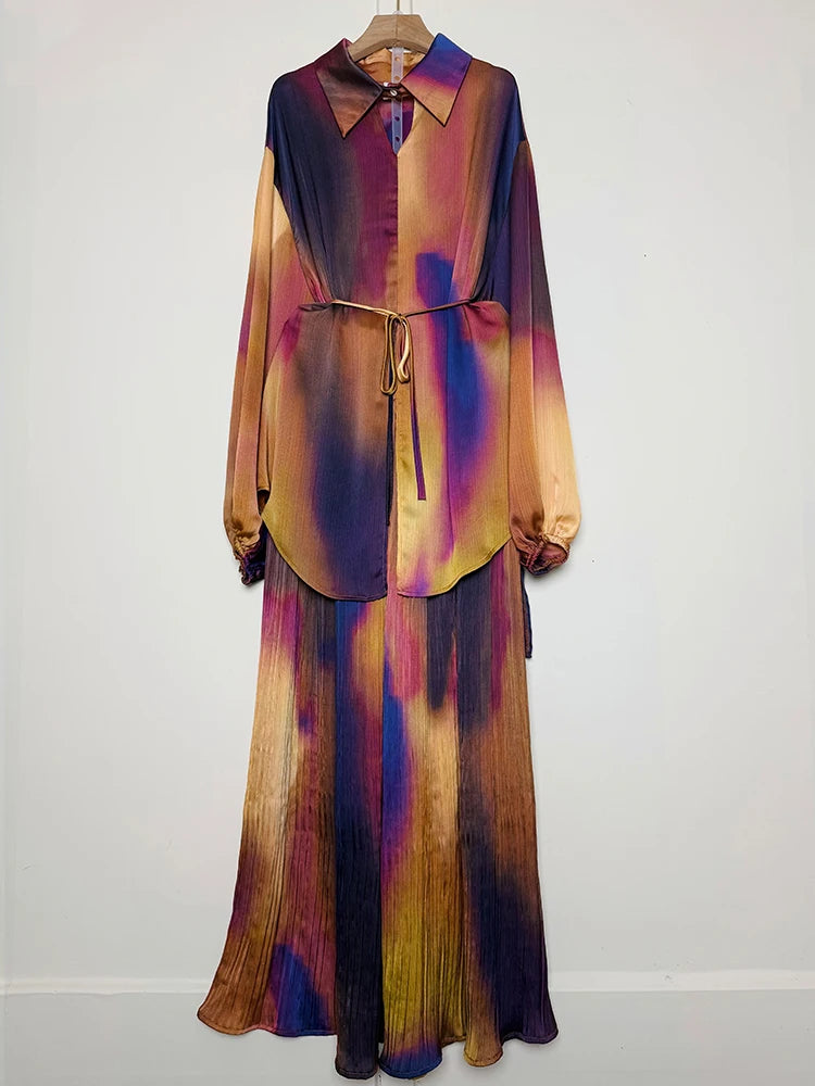 Spring Women's Retro Geometric Printed Collar Hoodie Loose Long Shirt Two Piece Set+Wide Leg Pants Fashion Set
