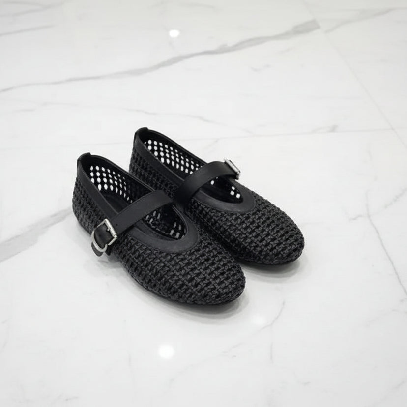 In style Fashion Summer Woven Women Ballet Flats Breathable Hollow out Mary Janes Leather Lazy Walking Loafers Girls Shoes
