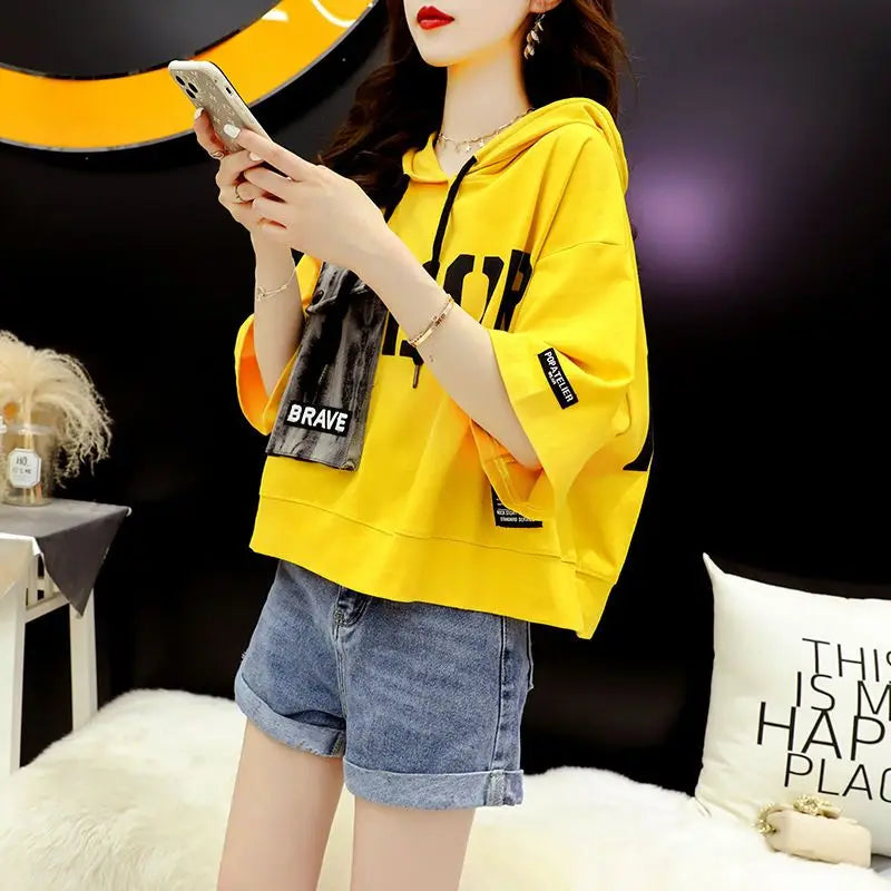 2023 Summer New Letter Printing Hoodies Women Round Neck Short Sleeve Drawstring Short Pullovers Ladies Korean Style Casual Top