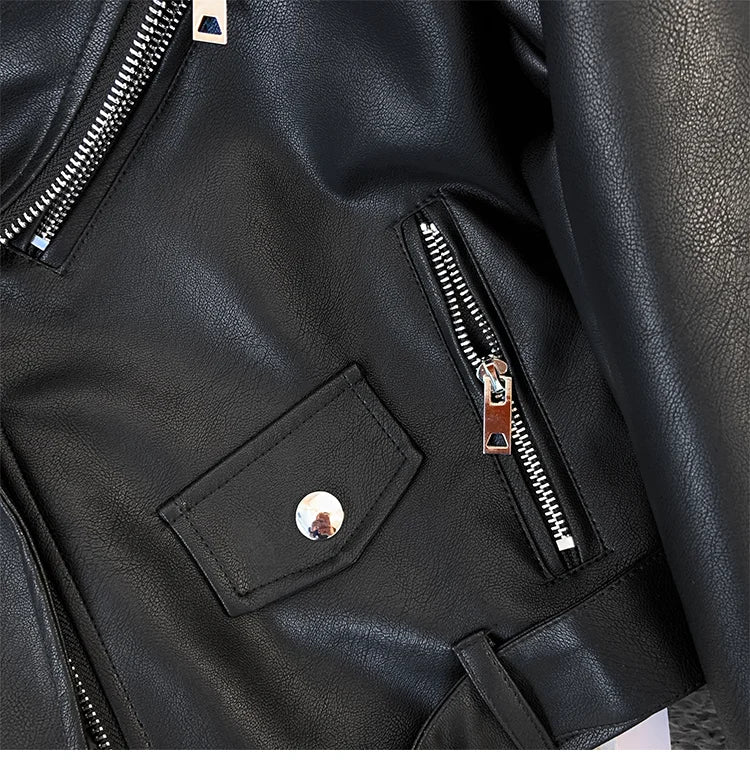 Blue PU leather jacket for women's spring autumn short Street style 2025 new retro motorcycle Leather Coat top