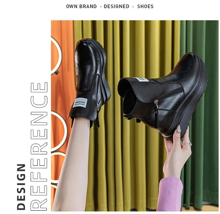 9cm White Black Women Ankle Boots Platform Wedge Heel Booties Shoes Microfiber Leather Spring Winter Fashion Sneakers High Top