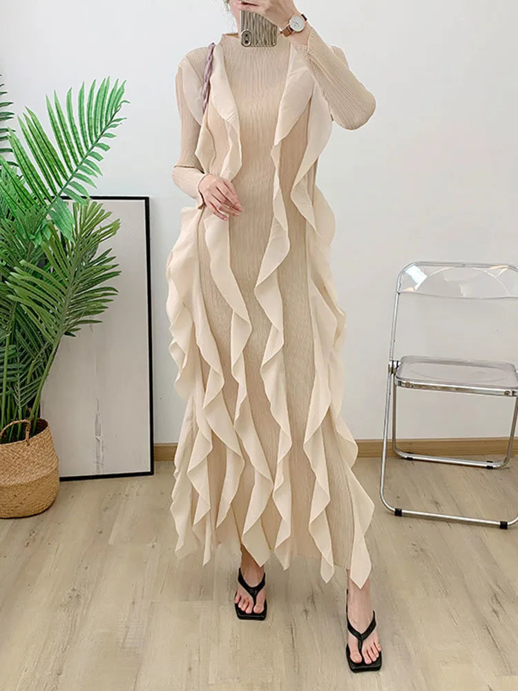 Miyake Pleated Fashion Dress O-Neck Long Sleeve Spliced Ruffles New 2023 Summer Evening Party Clothing Lady Middle East HotSales