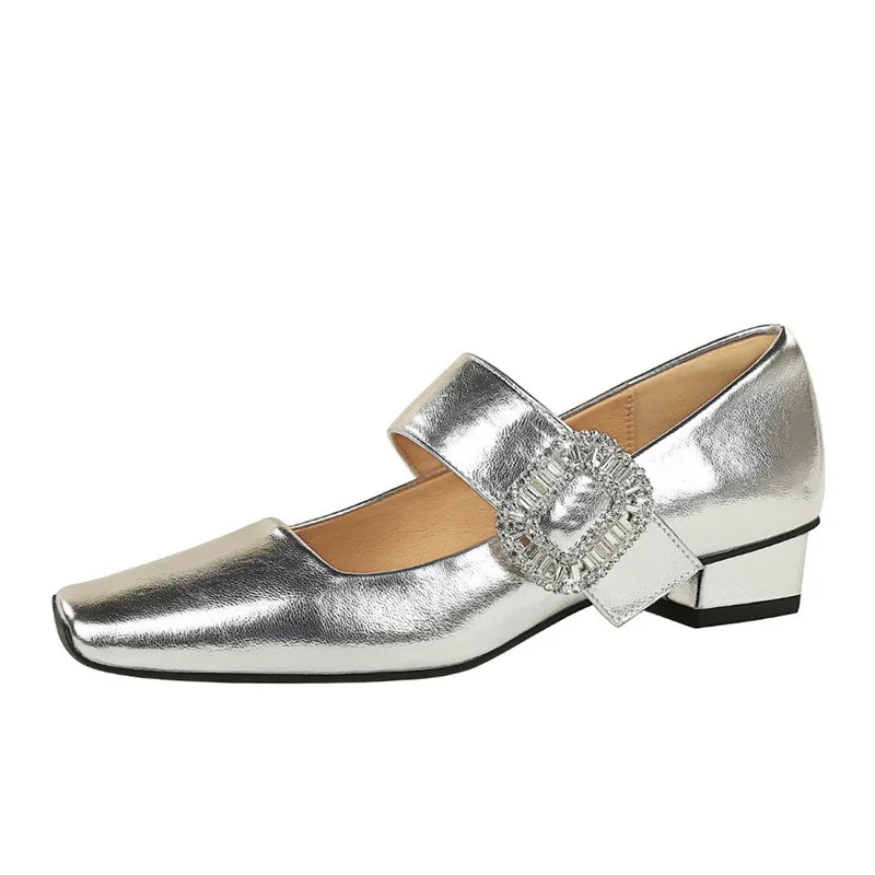 European American Style Banquet Suede With One Strap Marie Zhen Rhinestone Thick Heel Low Heel Square Toe Single Women Shoes
