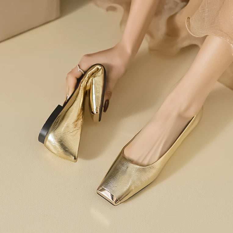 Fashion Genuine Leathe Pumps Women Metal Head Shallow Slip On Flats Office Ladies Low Heel Sheepskin Leather