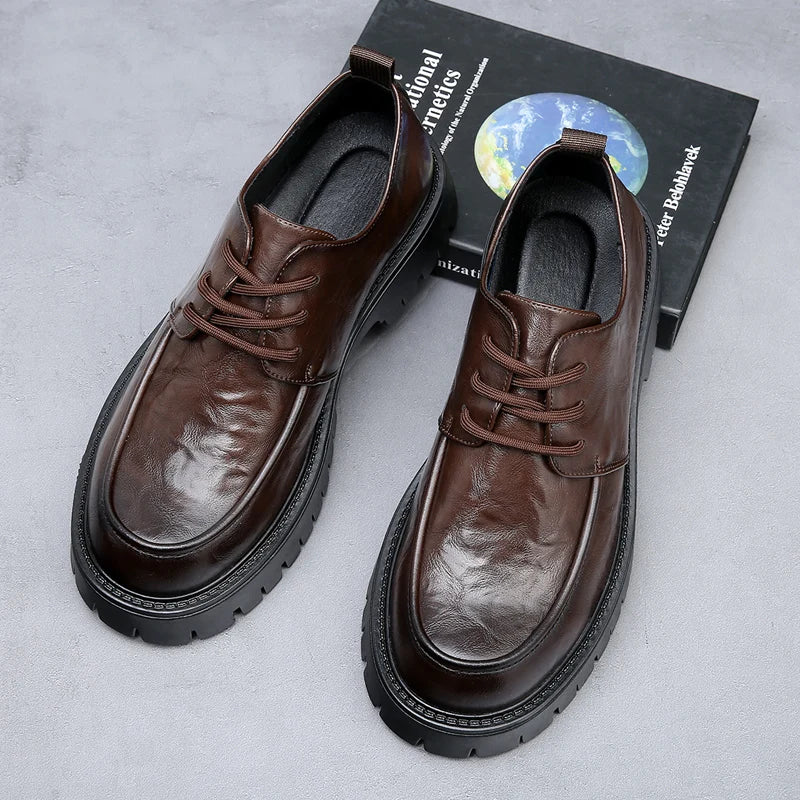 Men's Fashion Genuine Leather British Style Thick Bottom Work Shoes Classic Lace Up Comfortable Anti Slip Big Head Leather Shoes