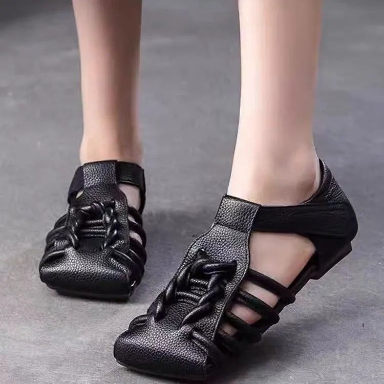 Genuine Leather Sandals Women Handmade Woven Literary Style Hollow Flat Roman Sandals Ladies Summer Shoes Sandalias