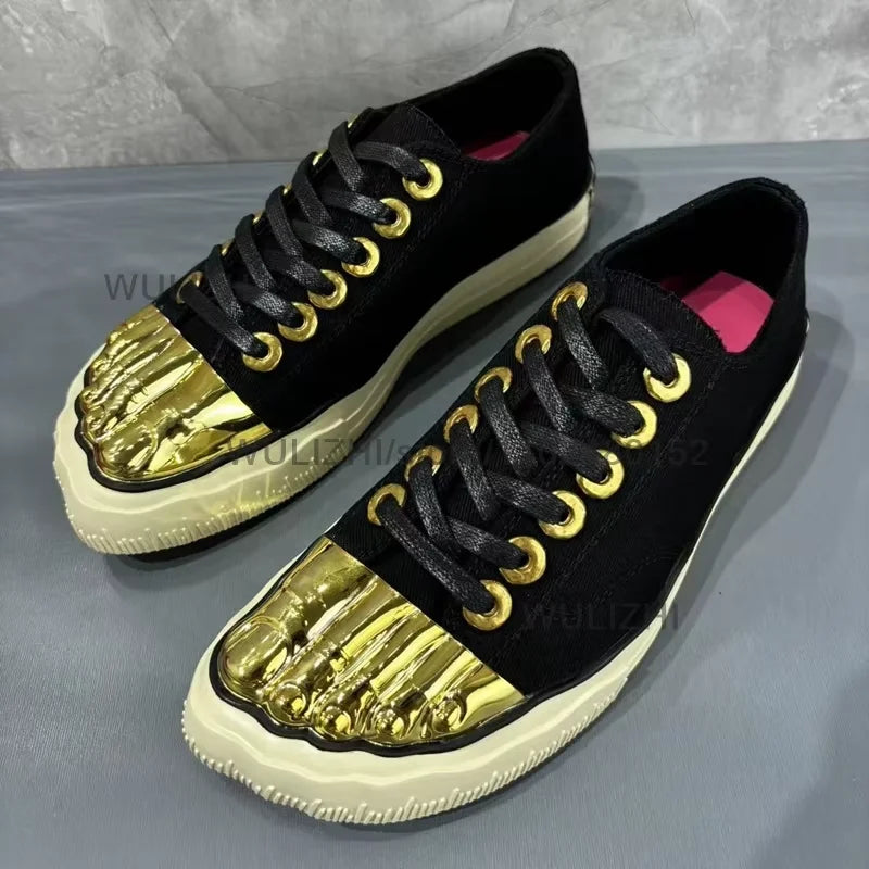 Gold Metal Glossy Five Finger Sneakers Women Lace Up Flats Sports Patchwork Casual Buckle Office Lady Design Catwalk Spring Shoe