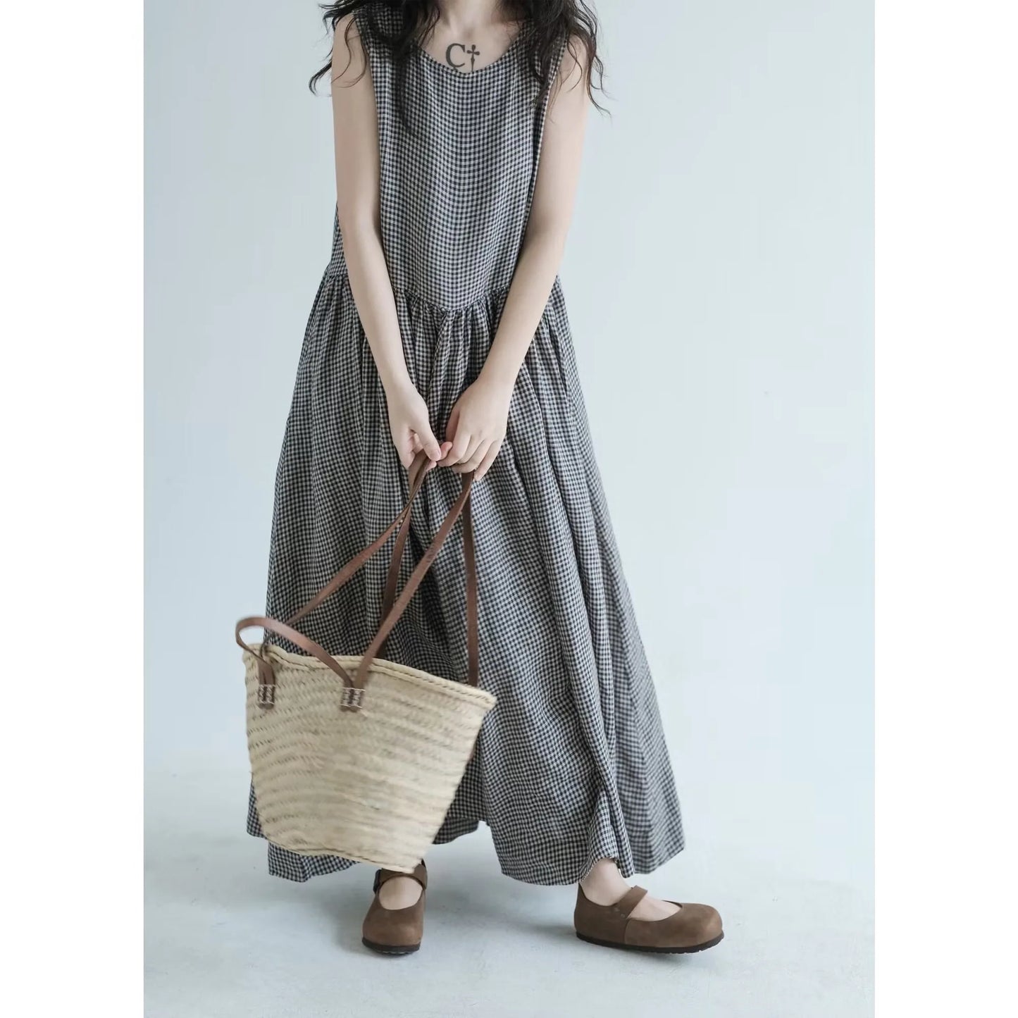 Summer New Women's Cotton Lin Loose Casual Dr High Waist A-Line Skirt Svel Vest Dr Cheered Pattern plus Size