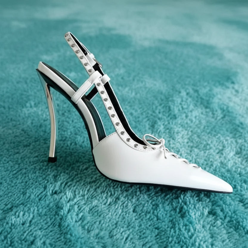 Patent Leather Rivet Women Pumps Elegant Pointed toe Lace-up Office Lady Slingbacks High heels Party Shoes 2026 Summer Fashion