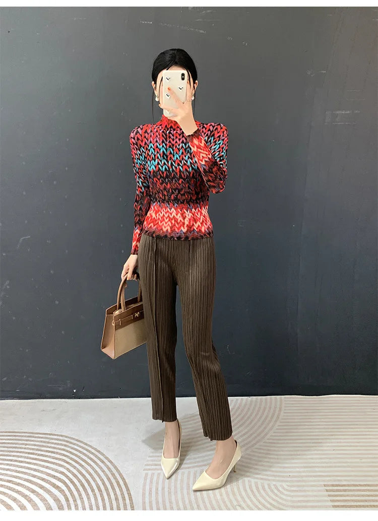 Miyake Pleated 2026 Spring and Summer New Fashion Tops Women's Long-sleeved Half-high Collar Printed T-shirt Bottoming Shirt