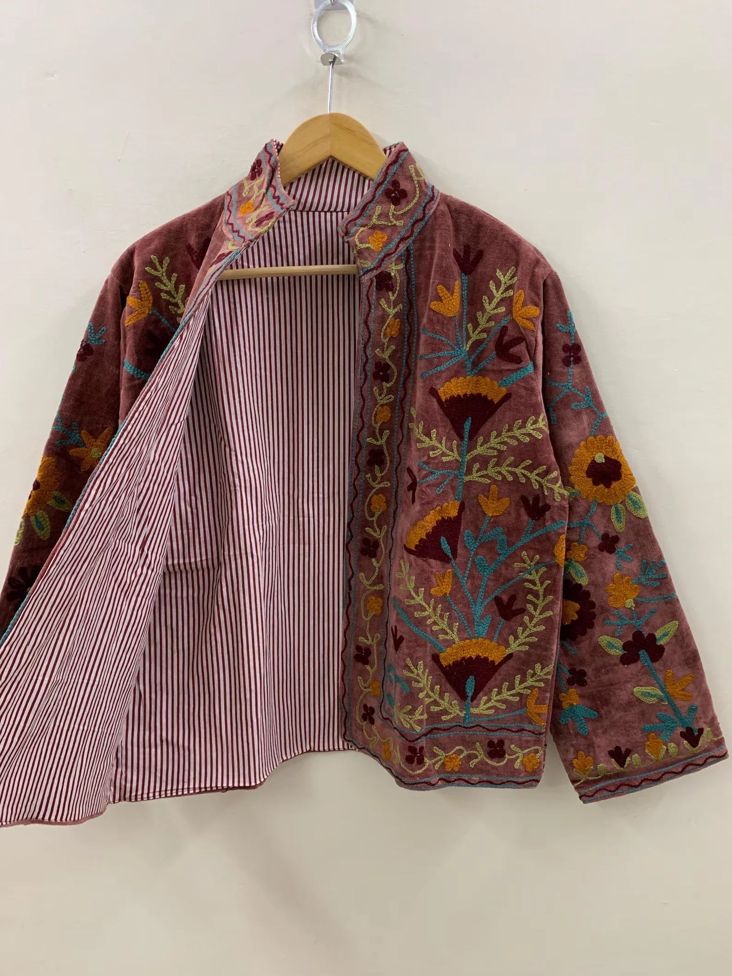 Handmade Bohemian Winter Coat Floral Suzani Embroidered Velvet Jacket Windproof Knitted Duster Cotton Floral Suzani Embroidered