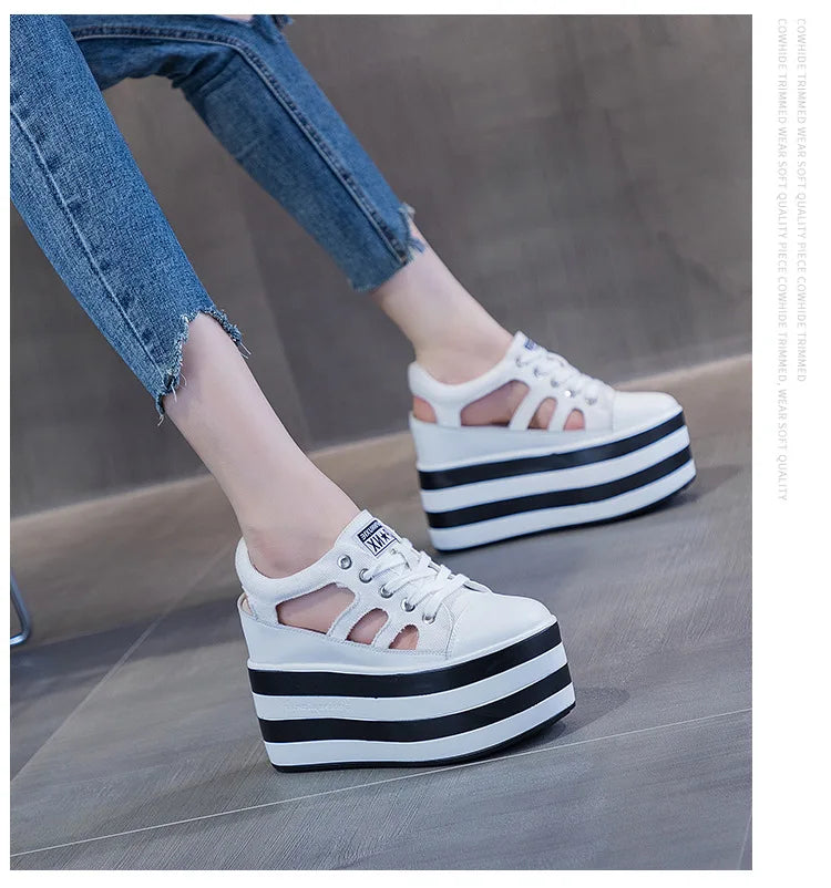 Fujin 12cm Platform Wedge Shoes Sandals for Women Sneakers Summer Shoes Hollow Cut Summer Sneakers Genuine Leather