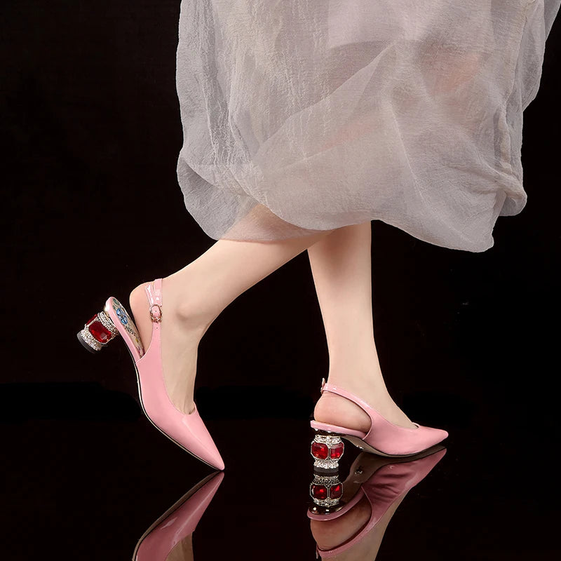 Dilalula 2025 Patent Cow Leather Crystal Heels Sandals Women Pointed Toe Office Ladies Party Dating Wedding Sandals Plus Size
