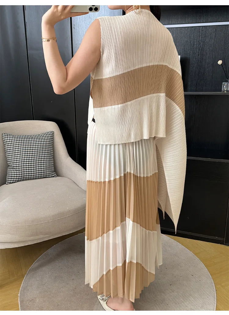 Miyake Pleated Two Piece Skirt Sets Women Sleeveless Irregular T-shirt Long Contrasting Color Skirt