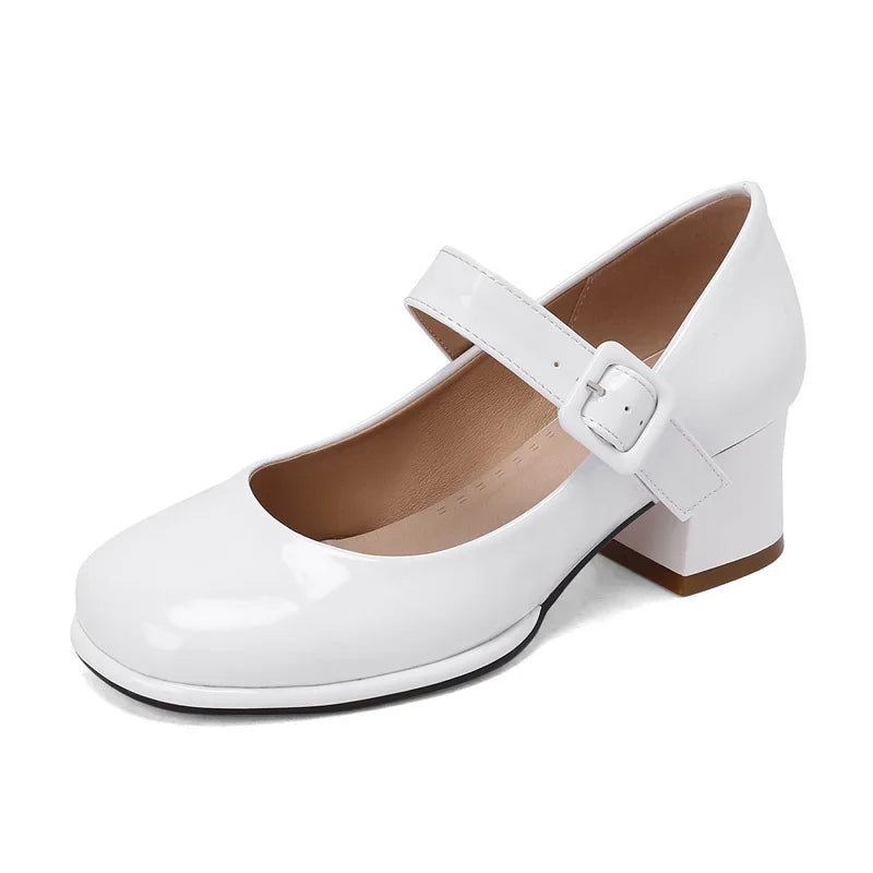 Spring Autumn Women Platform Mary Janes High Thick Heel Orange Red Patent Leather Dress Office Lady Round Toe Buckle Strap Pumps