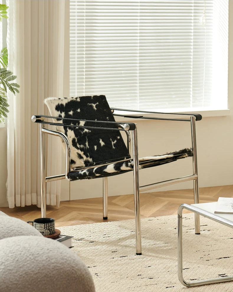 Italian Simple Saddle Chair, Single Leather Stainless Steel Leisure Chair Minimalist Single Black Sofa Chair Living Room Design