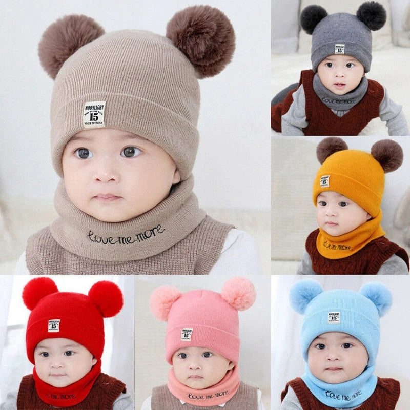 Autumn Winter Warm Baby Knitted Hats with Scarf Kids Knit Beanie Caps Solid Color Children's Hat Toddler Boys Girls Accessories