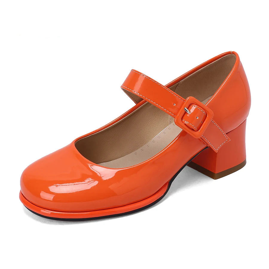 Spring Autumn Women Platform Mary Janes High Thick Heel Orange Red Patent Leather Dress Office Lady Round Toe Buckle Strap Pumps