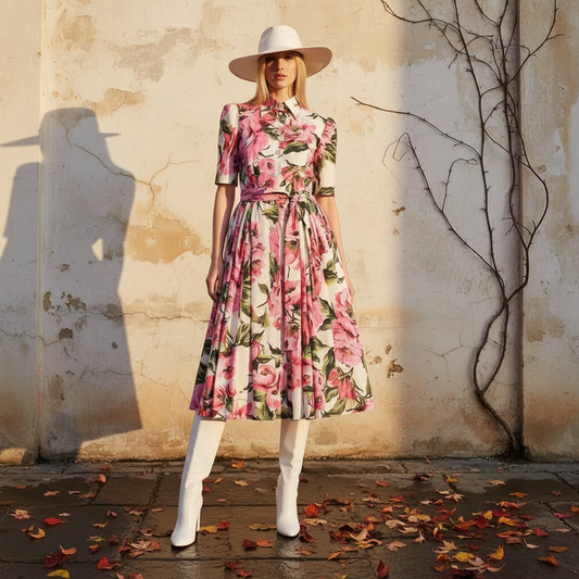Retro print lapel single breasted slim waisted dress 2026 summer women's shirt skirt fashionable loose oversized puffy skirt
