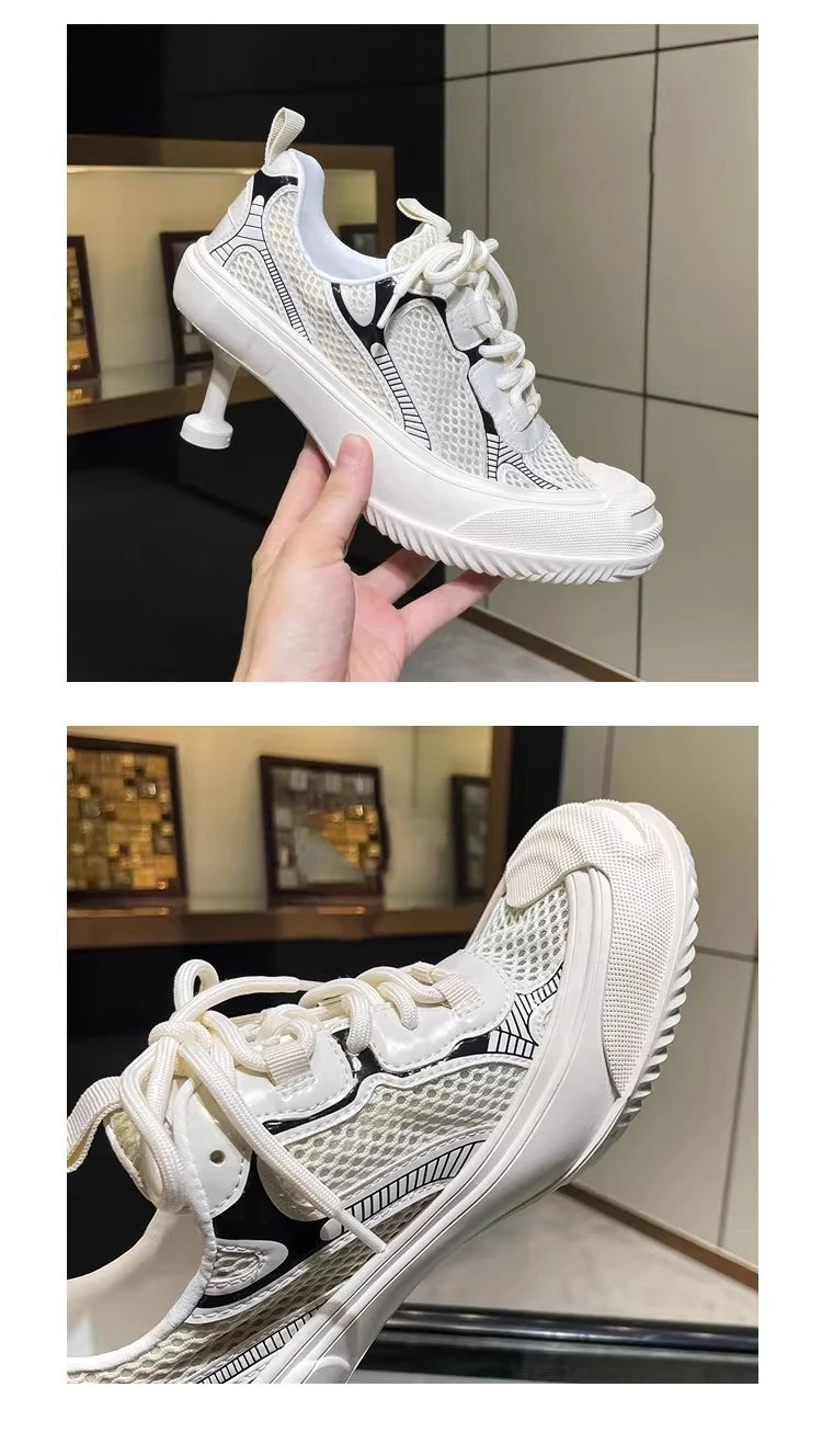 Summer Adult Girls High Heeled Dad Shoes Women Spring Versatile Breathable Lace up Casual Shoes Fashion Sports Mesh High Heels