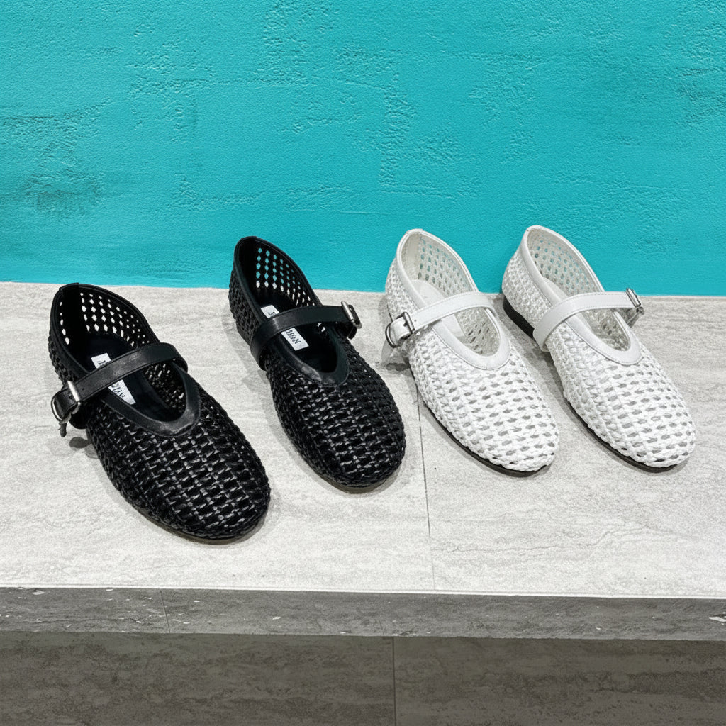 In style Fashion Summer Woven Women Ballet Flats Breathable Hollow out Mary Janes Leather Lazy Walking Loafers Girls Shoes