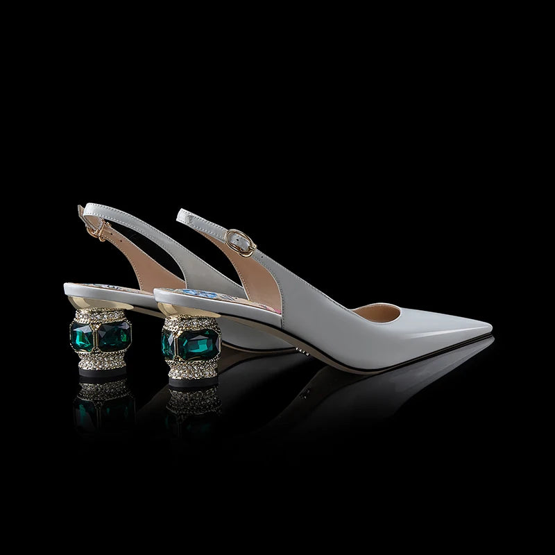 Dilalula 2025 Patent Cow Leather Crystal Heels Sandals Women Pointed Toe Office Ladies Party Dating Wedding Sandals Plus Size