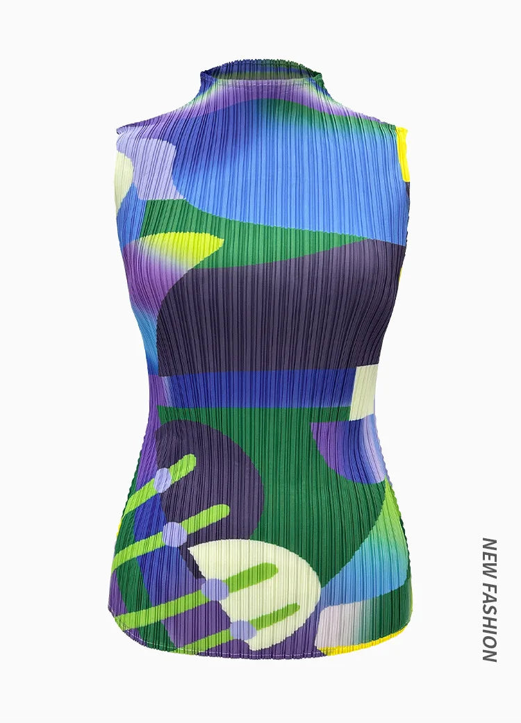 Miyake Pleated Geometric Playground Printed High-neck Sleeveless Top