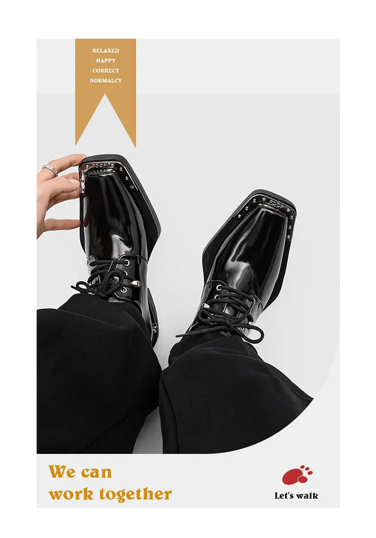 Metal Square Toe Derby Shoes Fashionable Thick Soled Lace Up Design Upturned Toe Thick Heel Trendy Men's Casual Leather Shoes