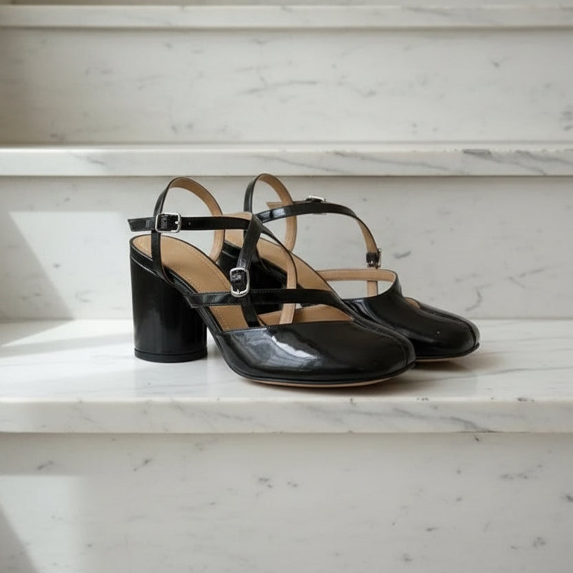 Ins style Fashion Patent Leather Split Toe Women Pumps Spring Summer Thick High heels Slingbacks Female Tabi Chunky Casual Shoes