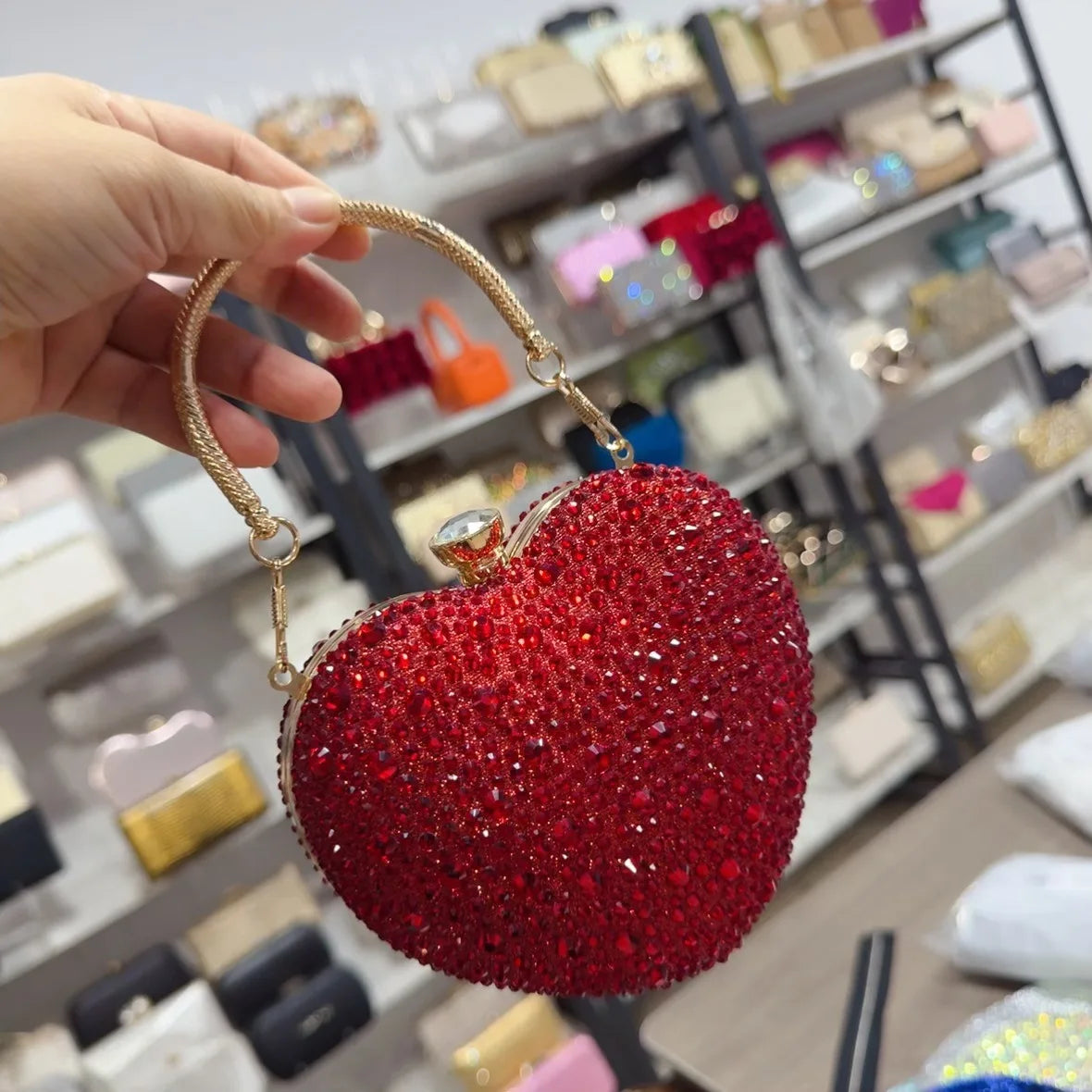 Luxury Diamond Inlay Heart Shape Crystal Clutch Purse Stones Evening Wedding Party Shoulder Bags Handle Rhinestone Mini Handbags