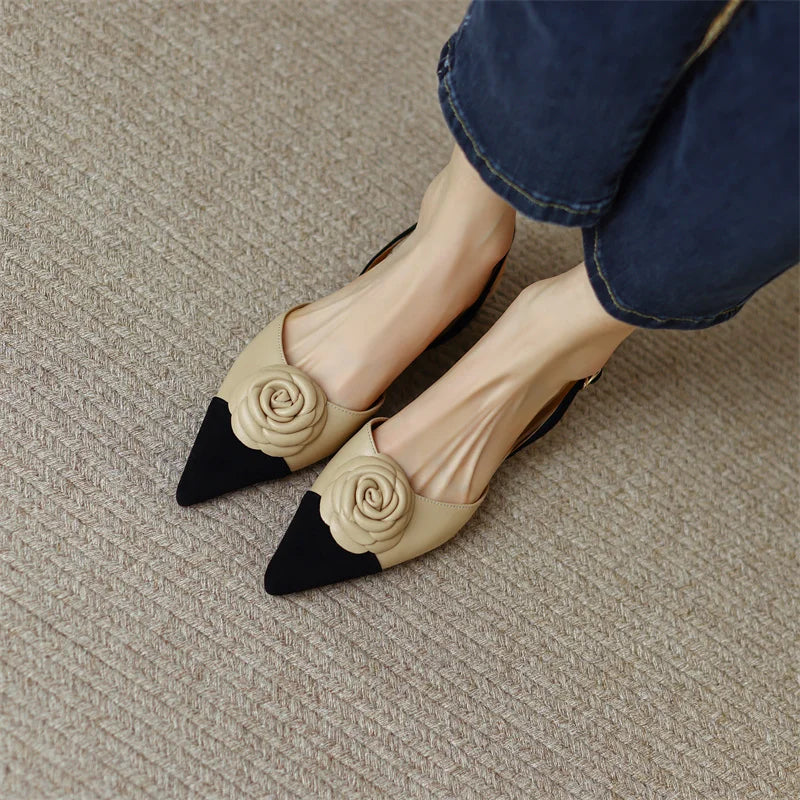 Dilalula Summer Genuine Leather Covered Toe Flower Sandals Ladies Sweet Low Thick Heels Elegant Flower Mixed Color Dress Shoes