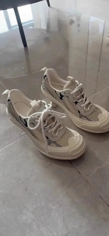 Summer Adult Girls High Heeled Dad Shoes Women Spring Versatile Breathable Lace up Casual Shoes Fashion Sports Mesh High Heels