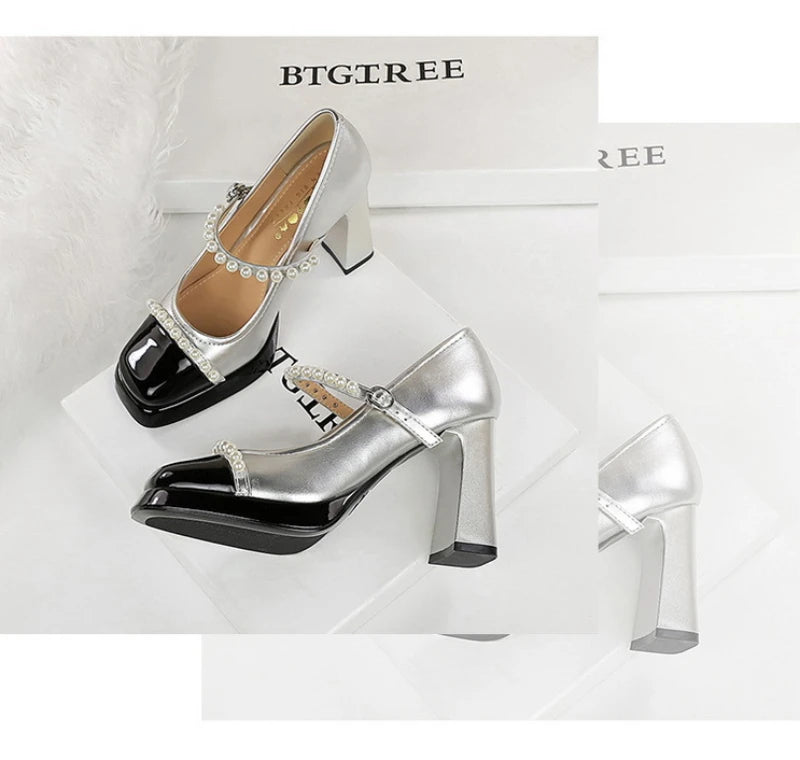 Retro Style Color Block Square Toe Thick Heel High Heels Women's Waterproof Platform Pearl Mary Jane Shoes Casual Fashion