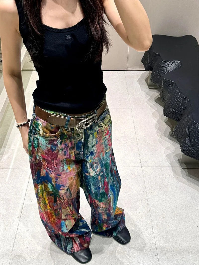 Limiguyue Spring Autumn Y2K 3D Print Jeans for Women Oil Paint Wide-Leg Long Streetwear Trousers American Splatter Runway 253A