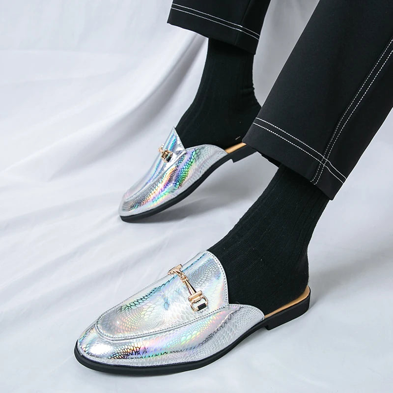 Fashion Brand Men's Cool Snake Skin Pattern Comfortable Half Back Leather Shoe Summer Men Breathable Bottom Casual Leather Shoes