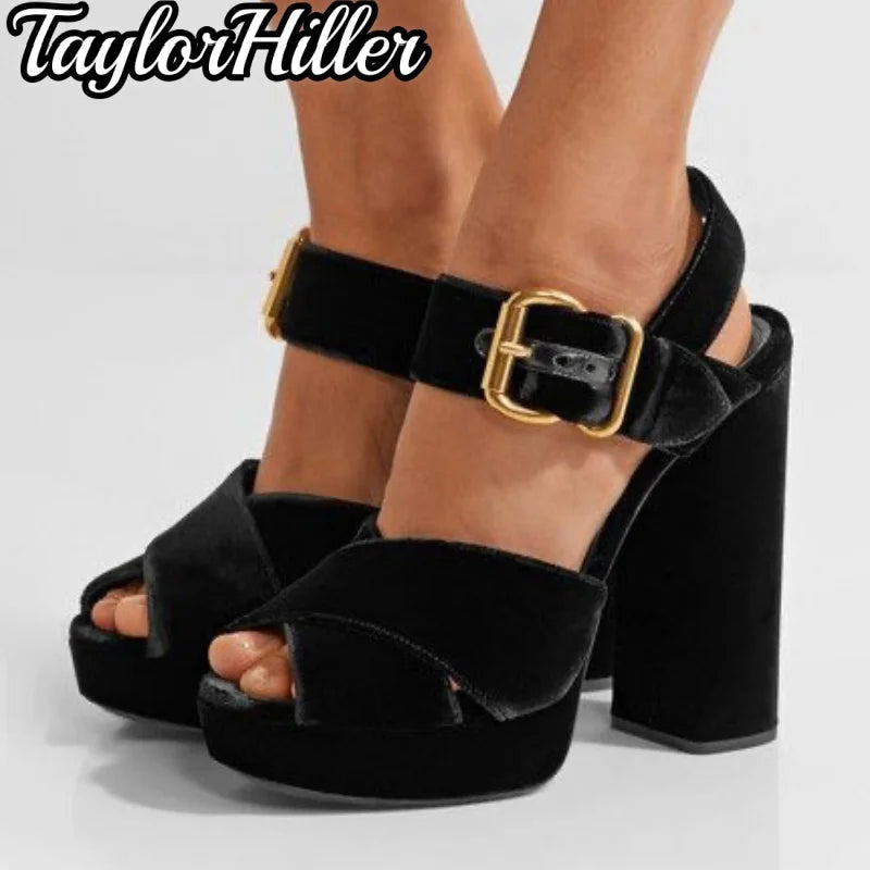 Velvet Cross Strap Platfrom Heeled Sandals Peep Toe Block Heel Buckle Strap Shoes Women Mixed Color Solid Shallow High Heels New