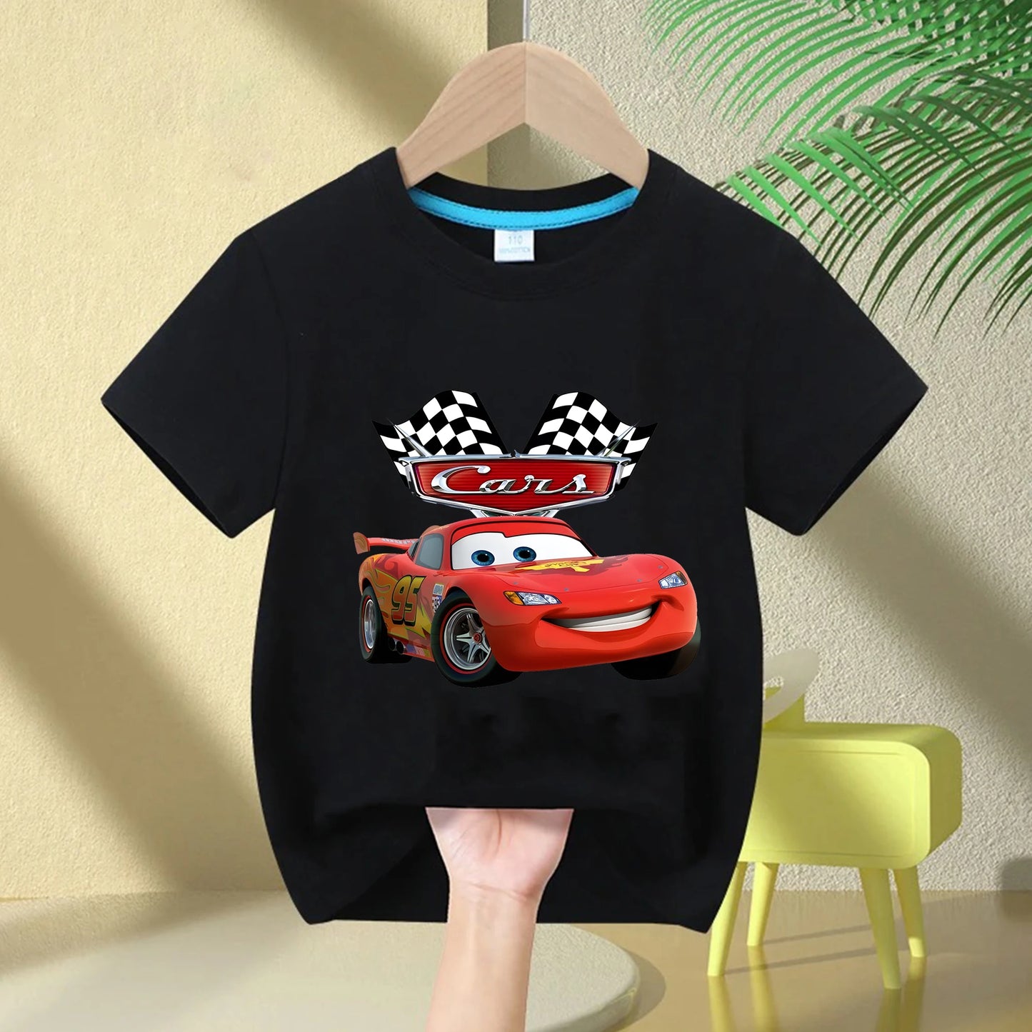 2025 Summer New Disney Cars Lightning McQueen around short-sleeved boys and girls summer 100% cotton all-match T-shirt clothes