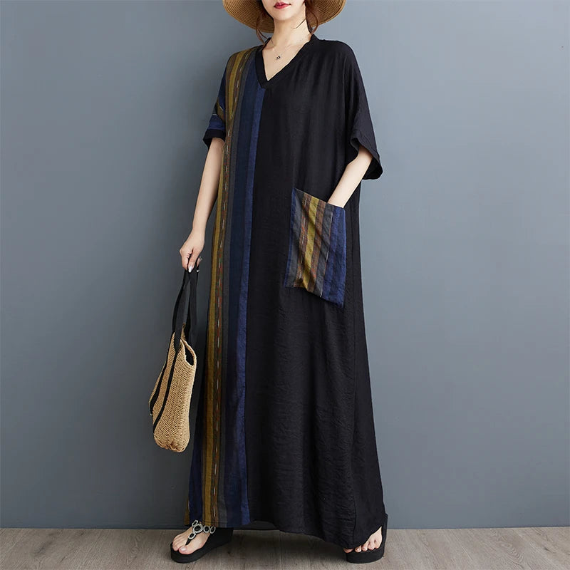 Long V-Ne ort Sve Printed Slimming Cotton Linen Dr Color Blo Casual Loose Fit Summer Faion plus Size Women