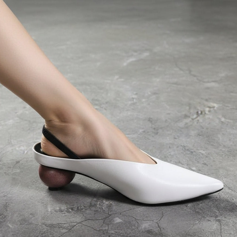 Genuine Leather Mules Women Pointed Covered Toe Med Ball Shape Heel Office Ladies Slippers Strange Heel